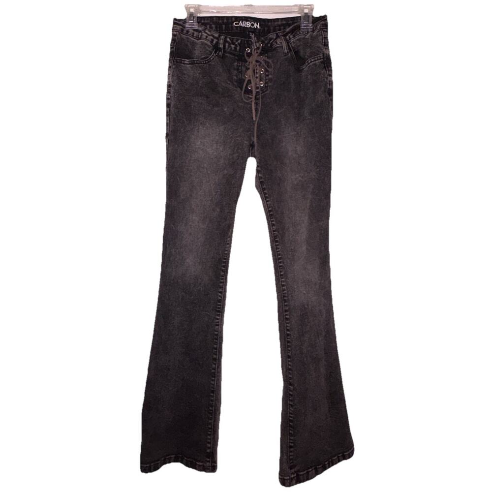 Carbon Jeans Women's Lace Up Leather Flare Black Y2K Sexy Jeans Sz 9
